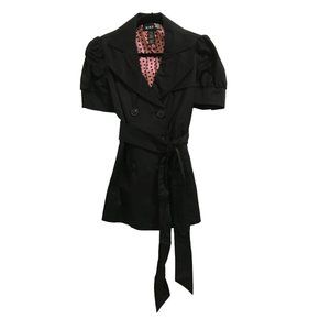 XXI Black Short Sleeve Trench Coat with Pink Polka Dot Lining & Tie Belt (L)